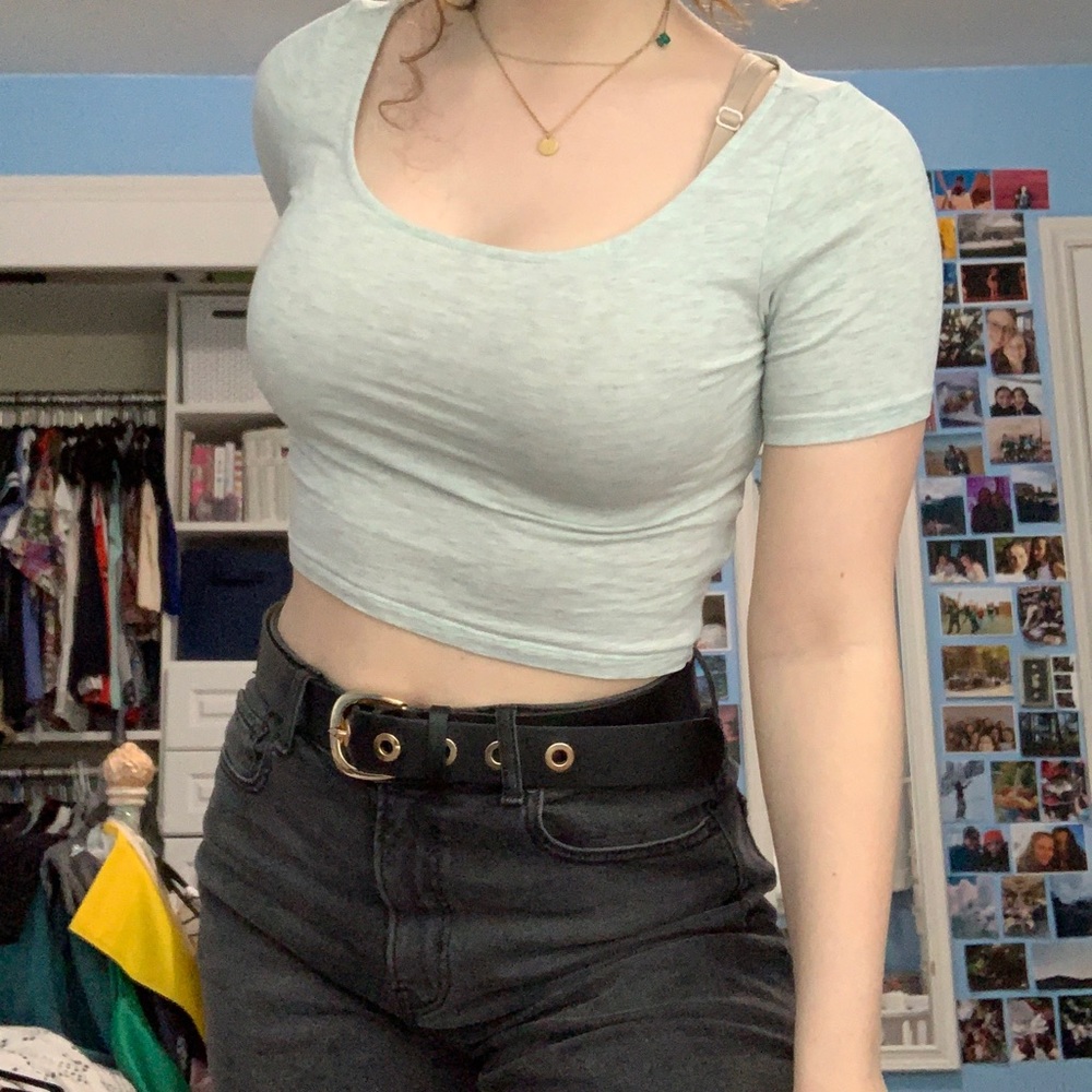 light blue crop top